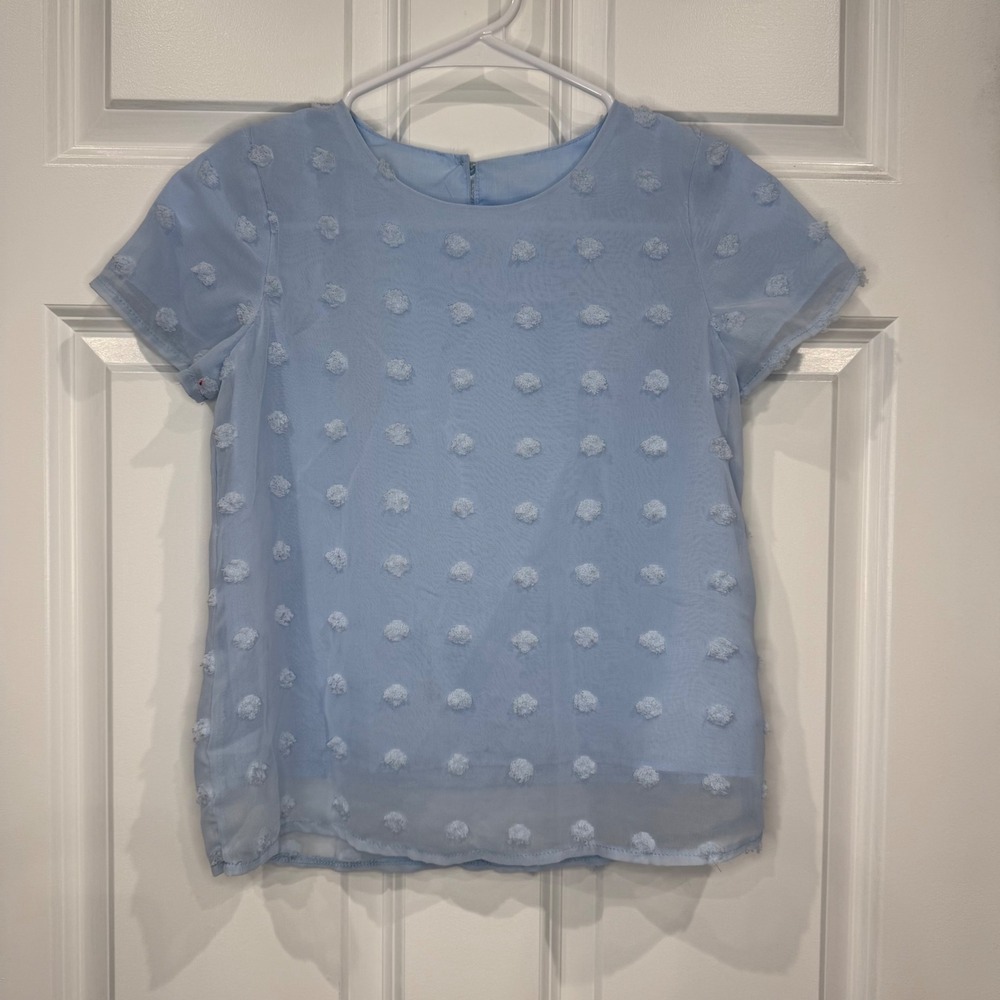 Sheer Blue Pom Pom Short Sleeve Top Kids Size L 10/12